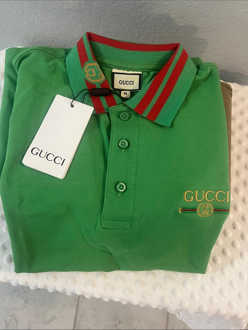 Gucci Boys Green Polo with Red Contrast Stripes